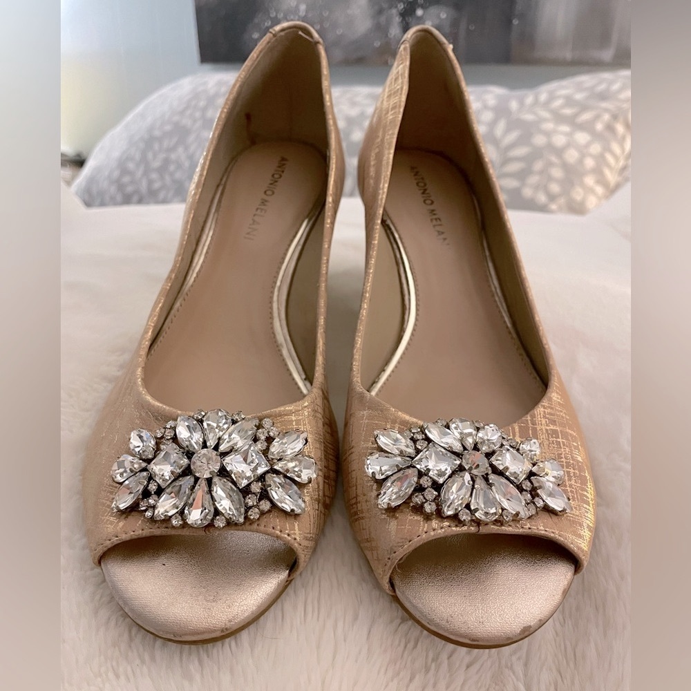 Antonio Melani Embellished Metallic Leather Wedge Heels